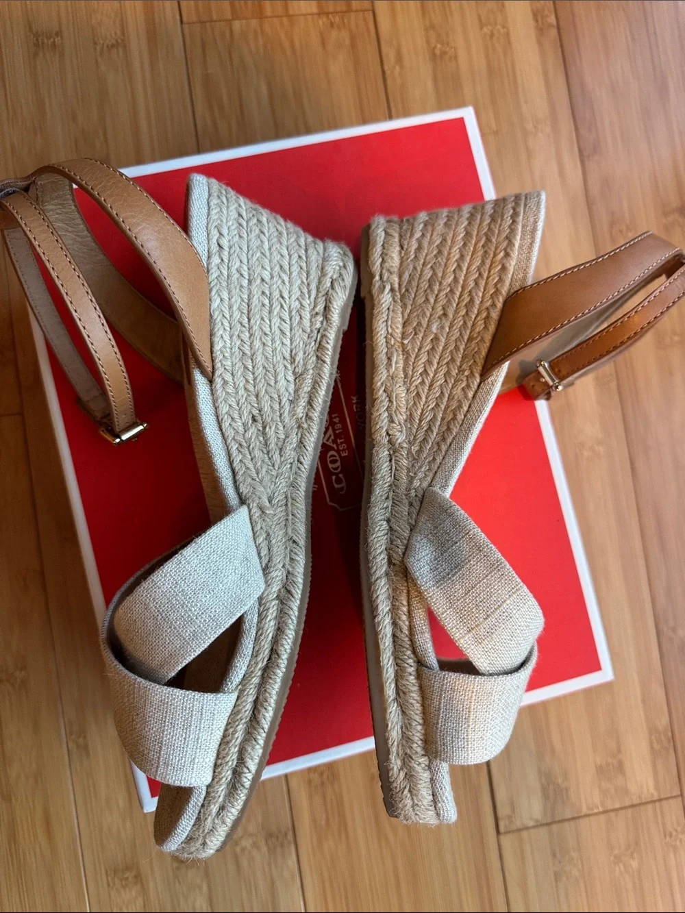 Coach Neutral Linen Espadrille Wedges with Brown Leather Ankle Straps